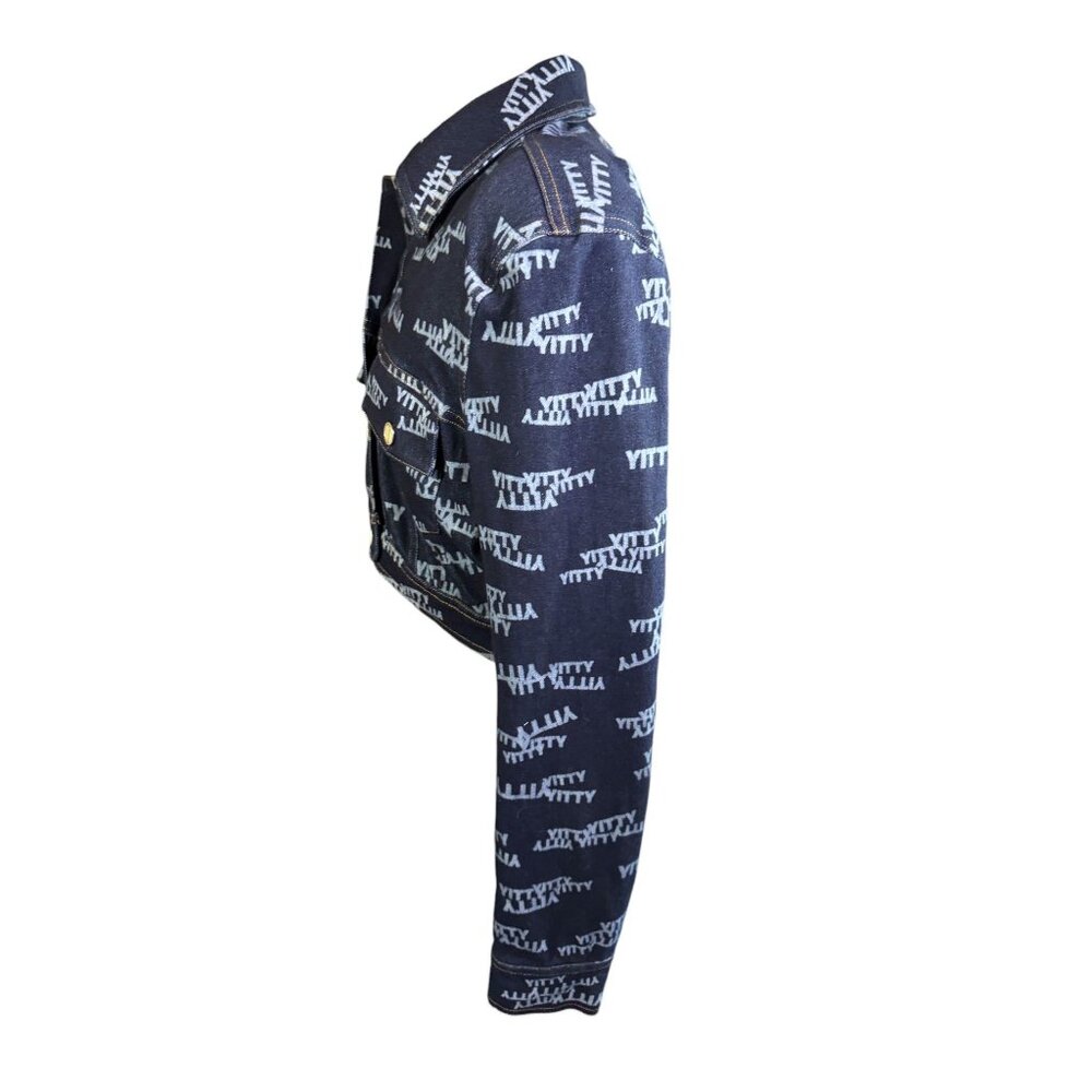 Yitty Womens Cropped Denim Jacket With Allover Logo Print & Button Front - Picture 12 of 12